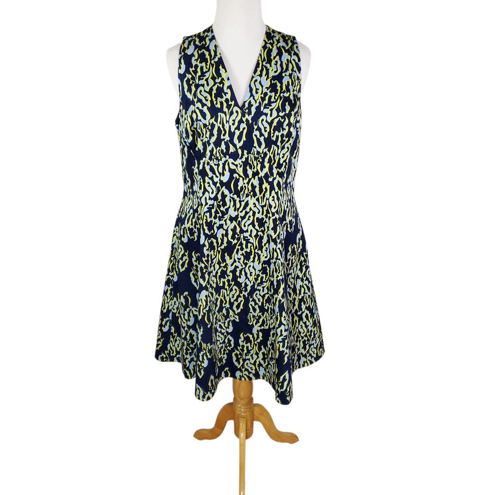 Karen Millen Navy Green Abstract Print Fit Flare Dress Sleeveless Pockets Sz 10